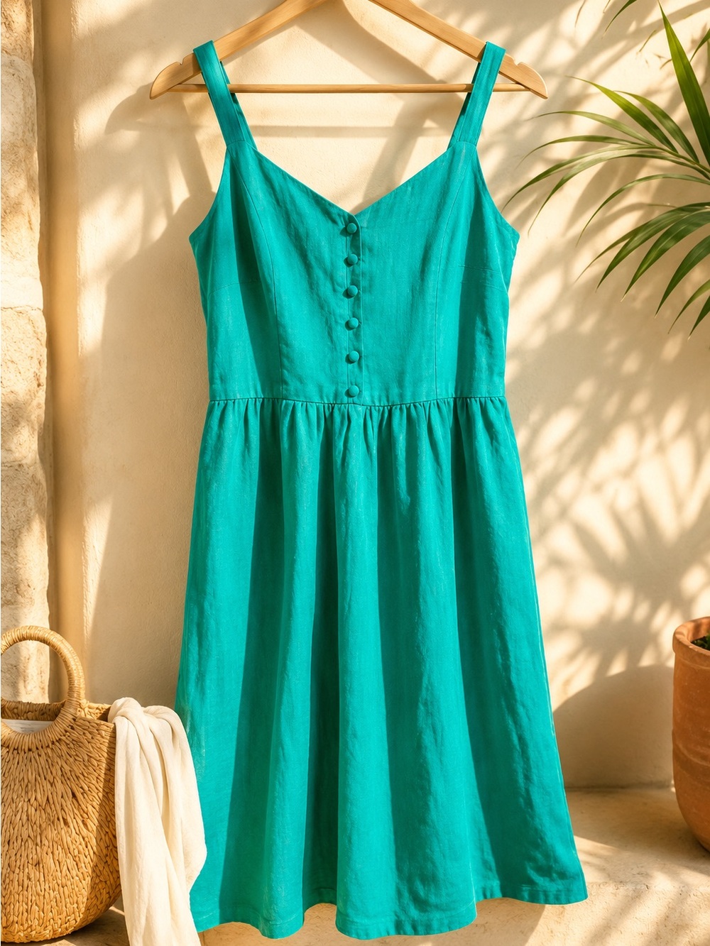 Cynthia Rowley 100% linen Turquoise Button-Front Midi Sundress